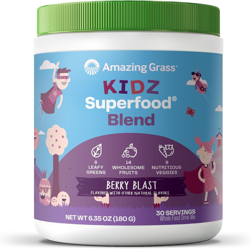 Super-aliments pour enfants : verts biologiques, fruits, légumes, poudre de racines de betteraves et probiotiques pour enfants en santé, blast de baies, 30 portions