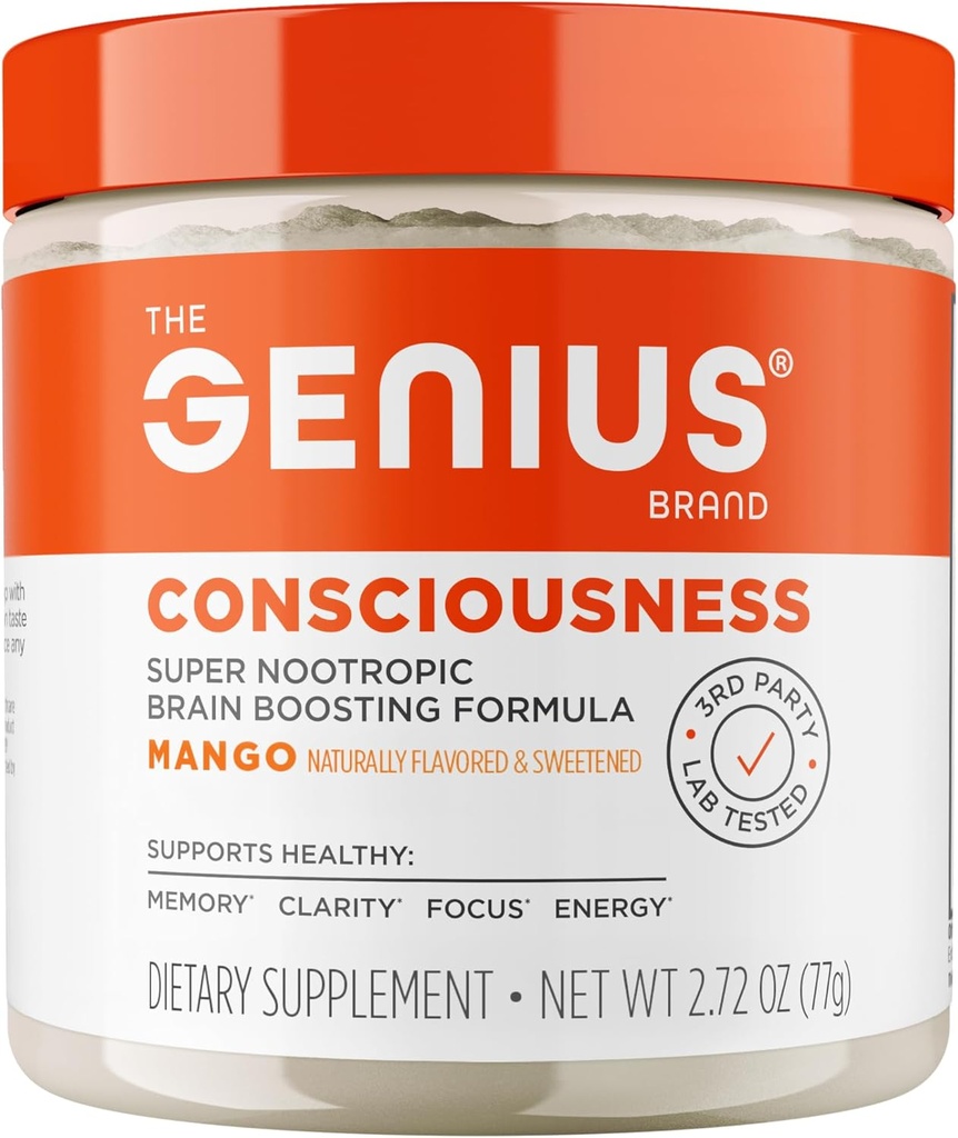 Genius Conscience, Super Nootropic Cerveau Supplément Poudre, Mango - Boost Focus, Fonction cognitive, Concentration et Mémoire Booster - Alpha GPC & Lions Mane Champignon pour Neuro Energy & IQ