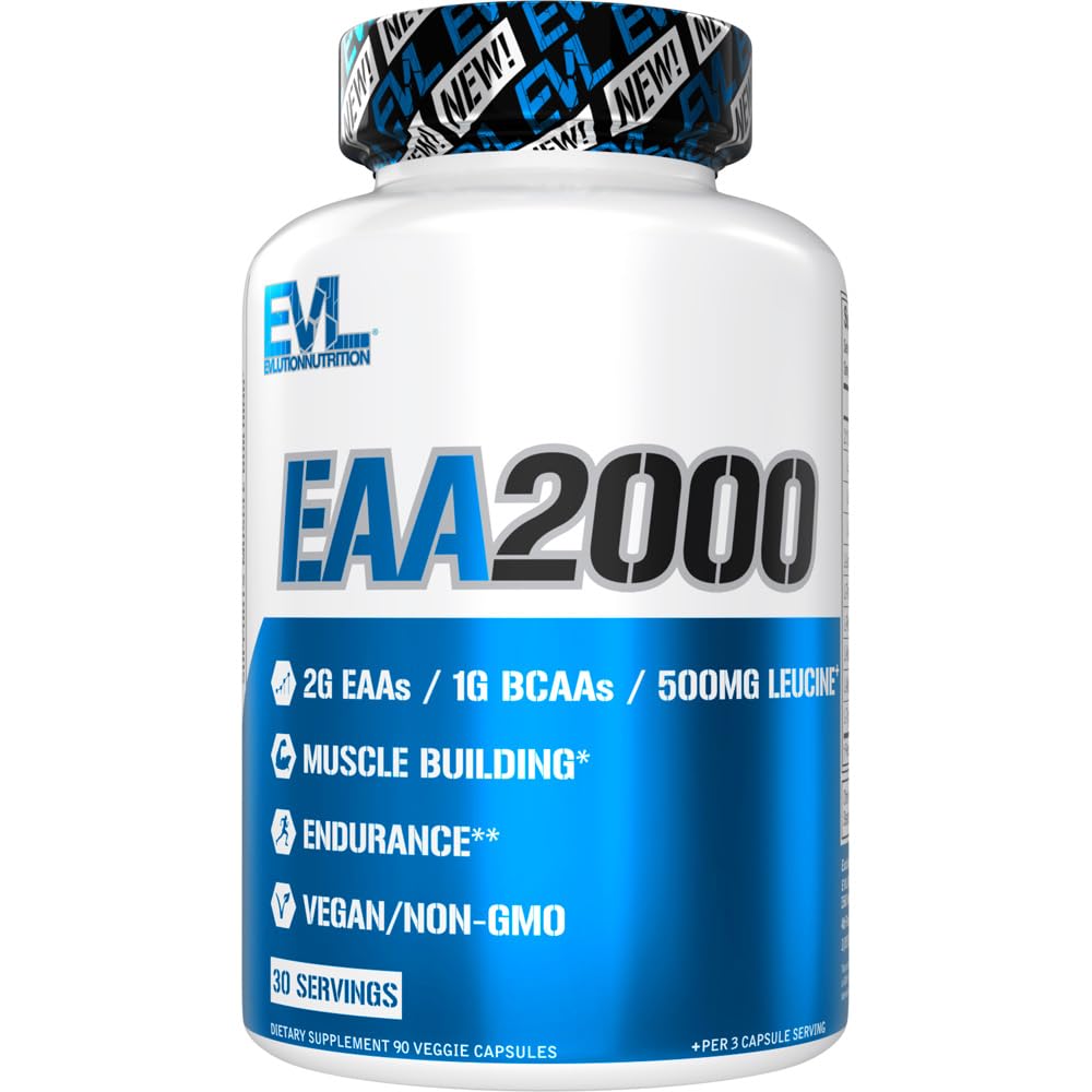 BCAA EAA Essential Amino Acids Capsules - Supplément EAA pour la construction musculaire avant et après l'entraînement Support d'endurance et de récupération avec 2g par service plus 1g BCAAs dans le rapport optimal 2:1:1 (30 portions)