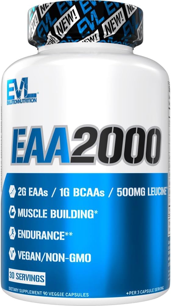 Evluution Nutrition EAA2000 - Capsules avant et après l'entraînement - Muscle Building + Supplément de récupération - Acides aminés essentiels 2g + 1g BCAA - Endurance + Soutien énergétique - 30 portions
