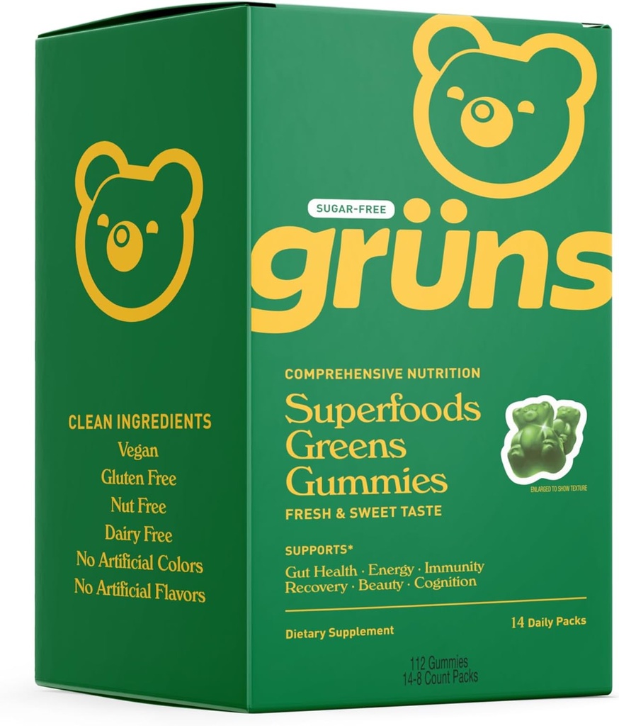 Gruns sans sucre Super Verts Ours gommy - Spiruline biologique et Chlorella, Prébiotiques pour la santé digestive, 20+ Vitamines et minéraux, Adaptogènes - 14 sachets - 112 Gummies