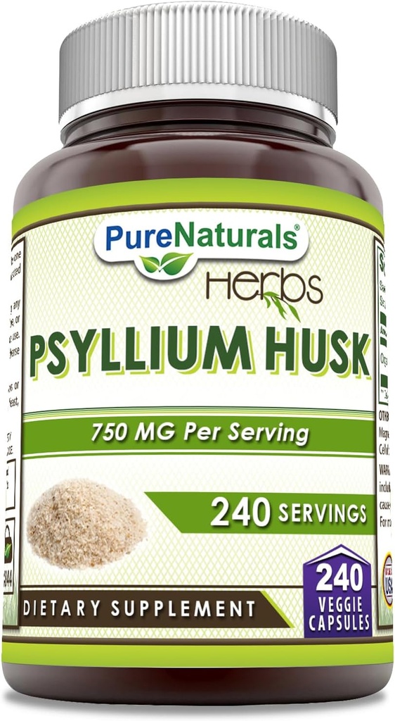 Pure Naturals Psyllium Husk Supplement de 750 Mg par Serving, 240 Capsules Veggie, non-OGM, sans gluten, fabriqués aux États-Unis
