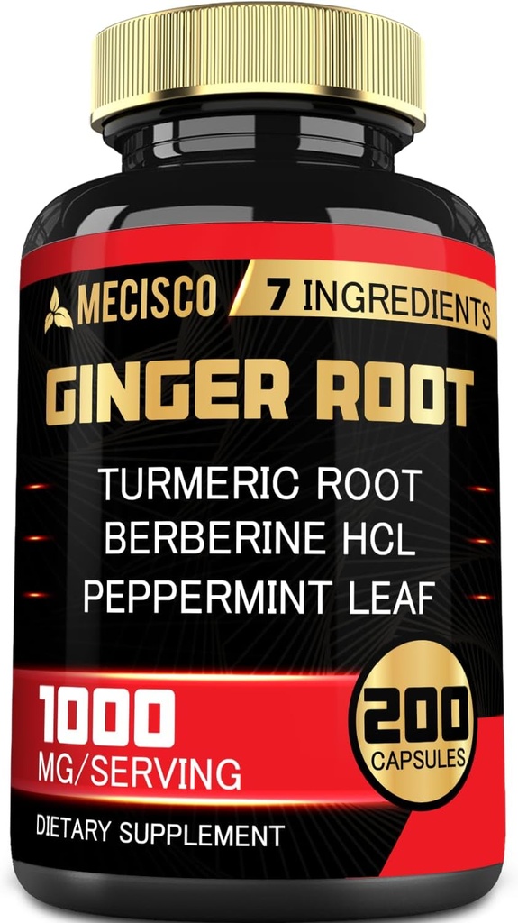 Supplément de racine gingembre 7-en-1 avec Curcumine curcuma, berbère, menthe poivrée, racine Astragale, cannelle ceylan, racine de betterave - 200 capsules