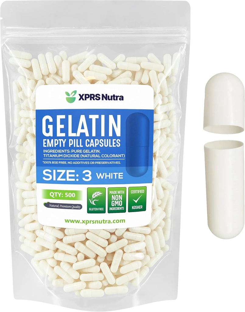 XPRS Nutra Taille 3 Capsules vides - 500 Capsules de gélatine vides - Pills Bricolage Capsule Remplissage - Gel de pilules pures Bovines Caps remplissables Do-It-Youlf Vitamines et suppléments (Blanc)