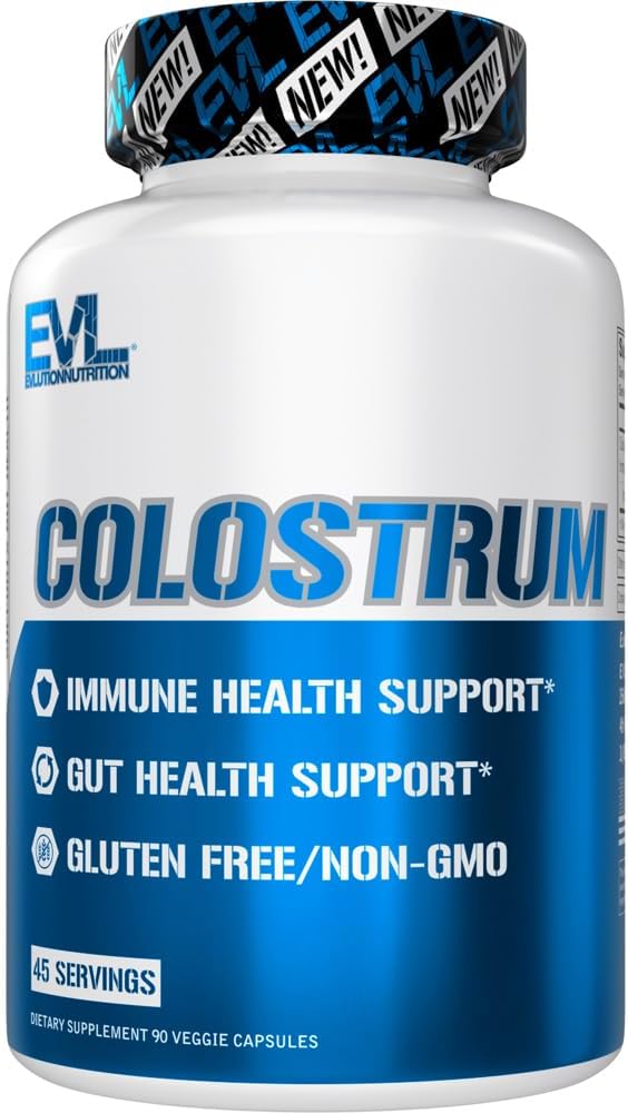 Evlution Nutrition Colostrum - Immune Health Support - Gut Health Support - 1000mg Colostrum par portion - Sans gluten et non-OGM - Supplément diététique - 45 portions - 90 capsules de Veggie