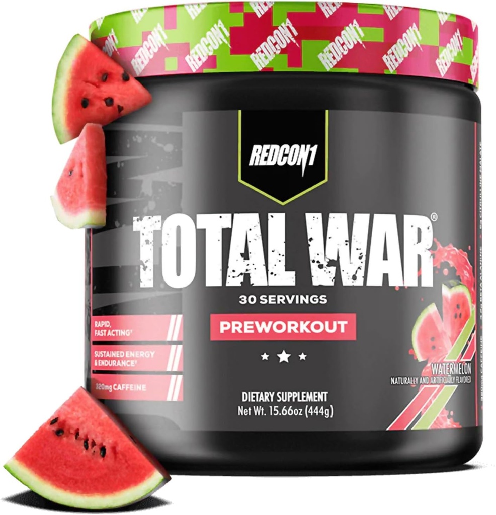 REDCON1 Total War Pre Workout, pastèque - L Citrulline, acide malique, extrait de feuille de thé vert pour stimuler la pompe pré-entraînement pour les femmes et les hommes - 3.2g Beta Alanine pour réduire l'échappement (30 portions)