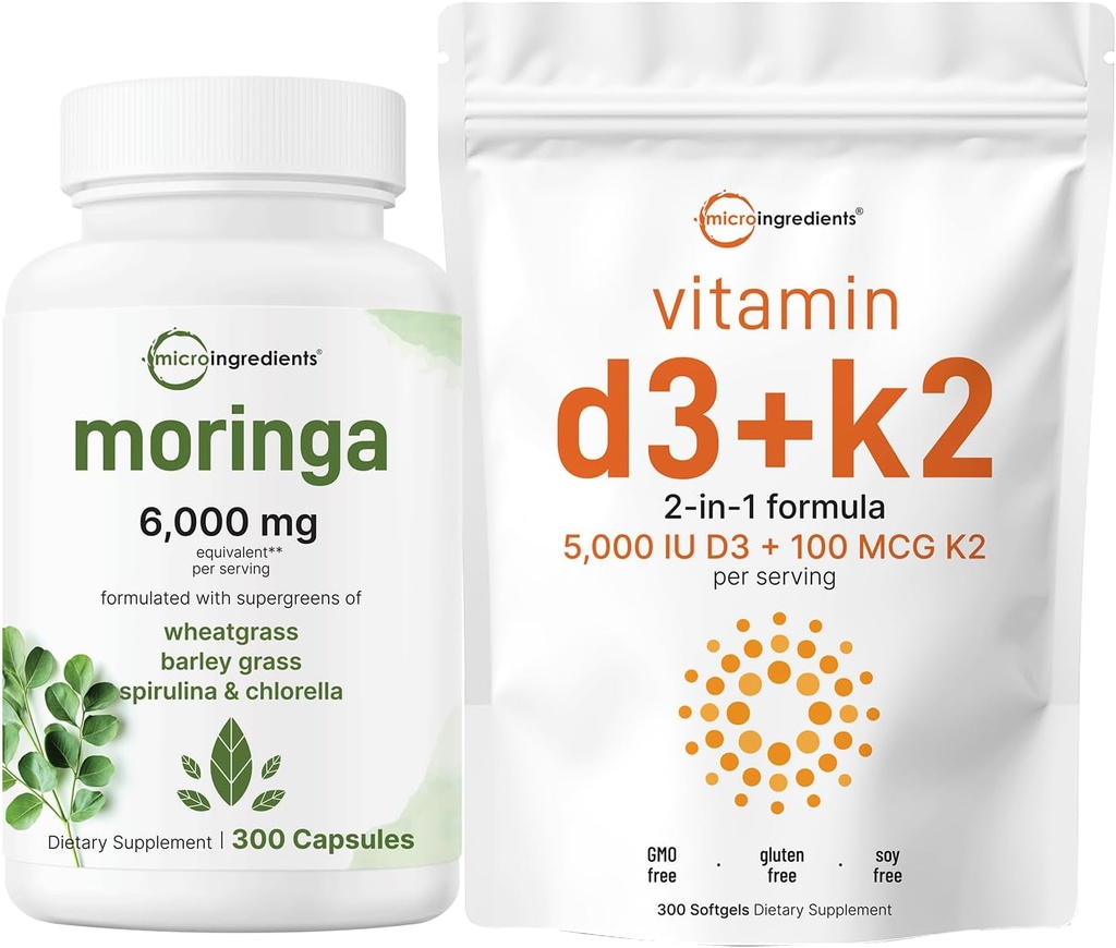 Micro-ingrédients Vitamine D3 5 000iu + K2 100mcg Softgels & Moringa Oleifera 6 000mg Équivalent 300 Capsules Bundle 2 Pack