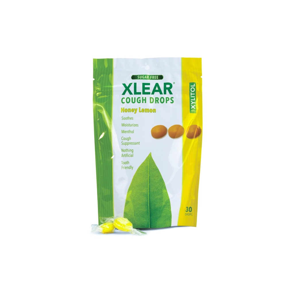 Xlear Xylitol Toux sans sucre pour les adultes et les enfants, Lozanges sans sucre de bouche sèche pour le soulagement de la gorge douloureuse, non-OGM, sans gluten, citron de miel naturel, 30 comte (paquet de 1)
