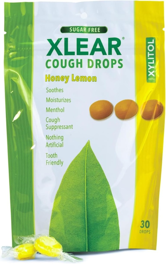 Xlear Xylitol Toux sans sucre pour les adultes et les enfants, Lozanges sans sucre de bouche sèche pour le soulagement de la gorge douloureuse, non-OGM, sans gluten, citron de miel naturel, 30 comte (paquet de 1)