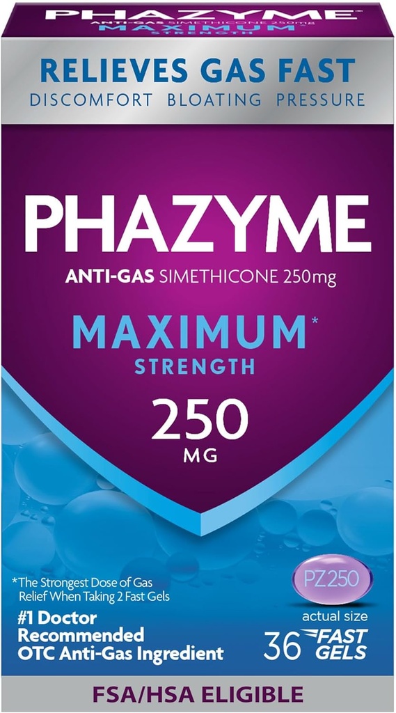 Phalyme Maximum* Résistance Anti-Gas 250 mg Siméthicone Gas Relief pour les adultes, Gels rapides Rapidement Ease Bloating, Pression et Désagrément, 36 Compte