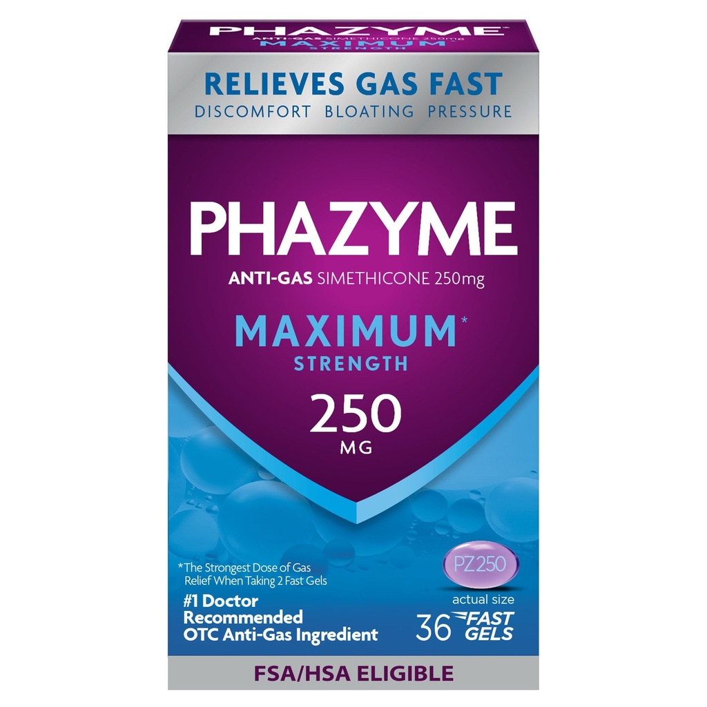 Phalyme Maximum* Résistance Anti-Gas 250 mg Siméthicone Gas Relief pour les adultes, Gels rapides Rapidement Ease Bloating, Pression et Désagrément, 36 Compte