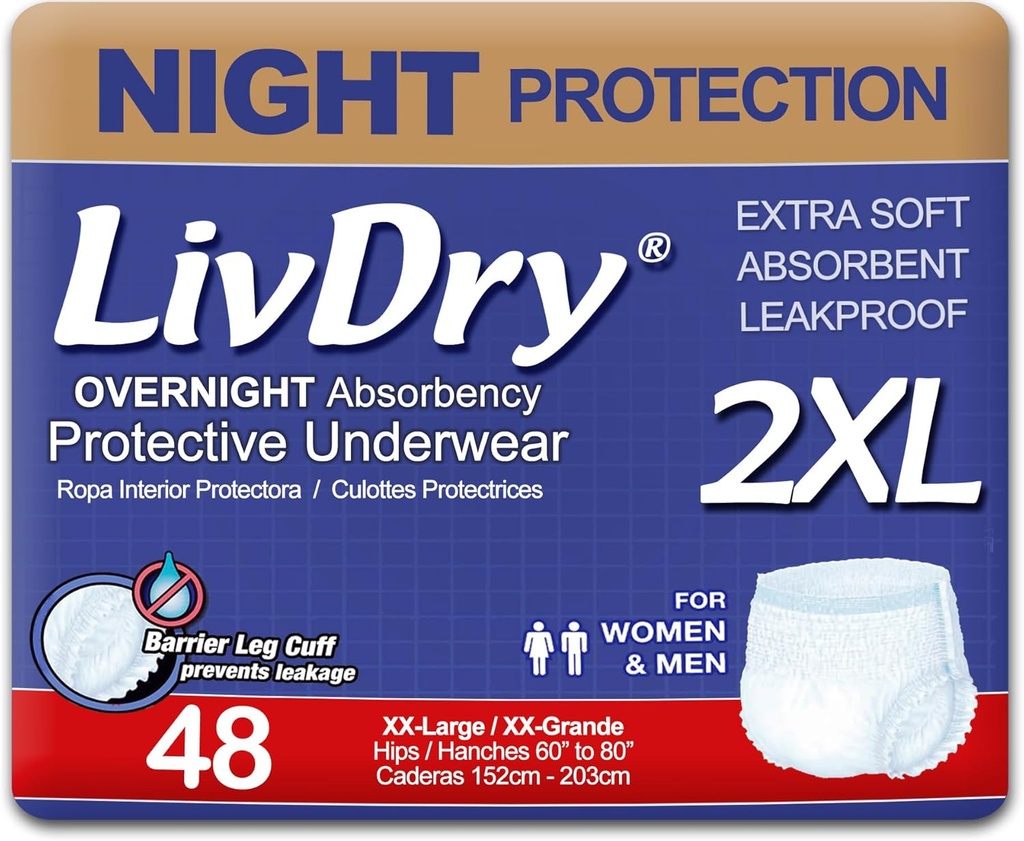 LivDry XXL Overnight Adult Diapers for Women and Men, Incontinence Underwear, XX-Large, 48-Pack