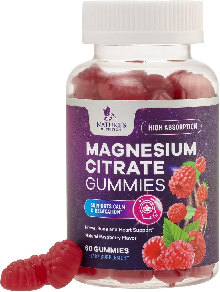 Supplément de Gummée de Citrate de Magnésium - Haute Absorption, Supplément de Gummée de Magnésium Vegan pour Adultes et Enfants, Suppléments de Gummée de Citrate de Magnésio pour Muscle, Nerve, Bone et Heart Support - 60 Gummées