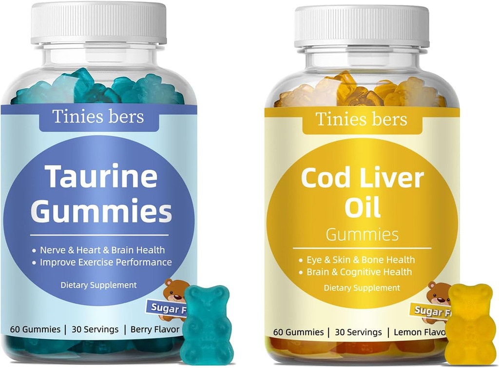 Gommies Taurine 1000mg, Gommies d'huile de foie de morue 1000mg, sans sucre pour les adultes et les enfants, acides aminés, oméga-3s et vitamine A&D pour la cognition, la santé du coeur et des yeux, boost immune