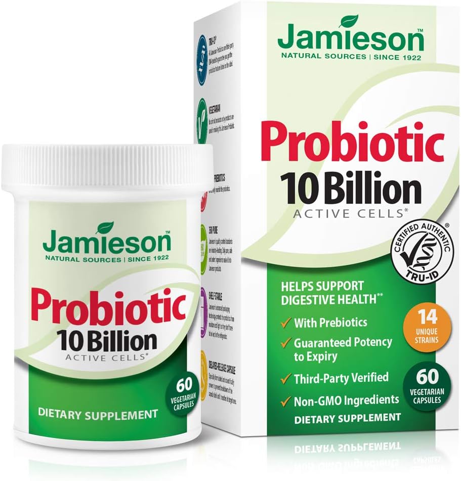 Jamieson Probiotics 10 milliards - Supplément probiotique quotidien pour la digestion, le rétablissement de la santé de Gut et le soutien du système immunitaire - Probiotiques pour les femmes et les hommes (60 comtes).
