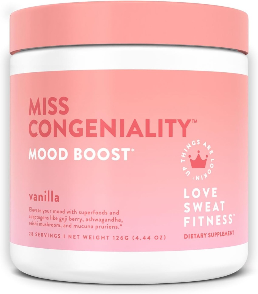 Love Sweat Fitness Mood Boost Powder.com Miss Congeniality Vanilla Blend.com améliore la concentration, élève l'humeur, moins de stress, lutte contre la fatigue.