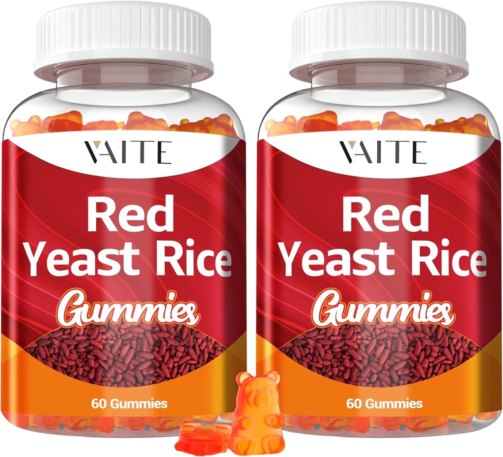 VAITE Riz de levure rouge avec Gummies Coq10 - 1200 mg RYR Synergy Complément biologique avec Coenzyme Q10 Monacolin K, sans OGM et sans citrine à base de plantes végétales Gummy Chews 60 Compte (2 Pack)