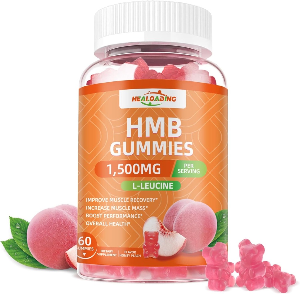 Supplément HMB et Gummies Leucine: Suppléments HMB pour les hommes 1500mg et Acid Amino Leucine pour la récupération musculaire Augmenter la masse musculaire Améliorer l'endurance sans sucre sans OGM Pêche 60 Gummies