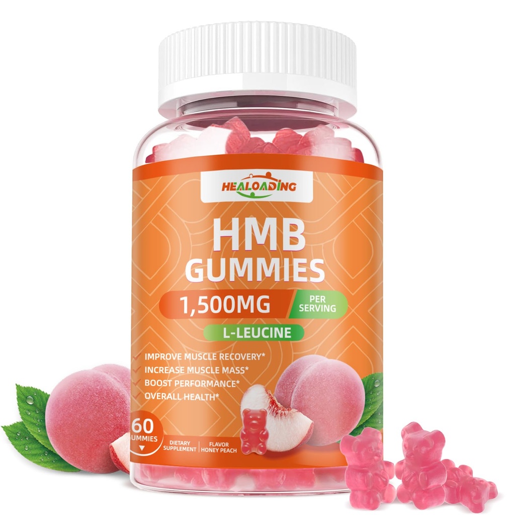 Supplément HMB et Gummies Leucine: Suppléments HMB pour les hommes 1500mg et Acid Amino Leucine pour la récupération musculaire Augmenter la masse musculaire Améliorer l'endurance sans sucre sans OGM Pêche 60 Gummies