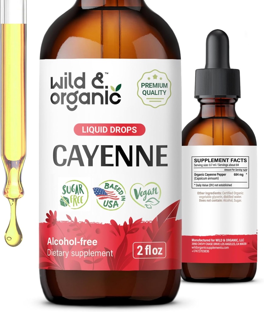 Wild & Organic Cayenne Pepper Tincture - Capsaicin Supplements for Digestive Support - Cayenne Pepper Extract Liquid - Vegan, Alcohol-Free Drops - 2 fl oz