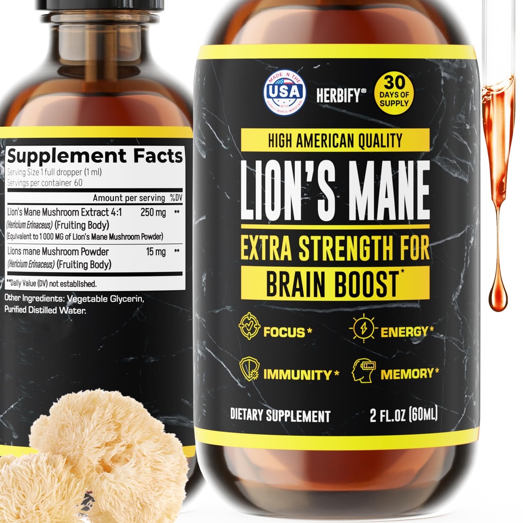 HERBIFY Lions Mane Supplément - Supplément quotidien de champignons pour la mémoire, le focus et la clarté - Brain Booster - Lions Mane Teinture pour le soutien immunitaire - 2 Fl oz