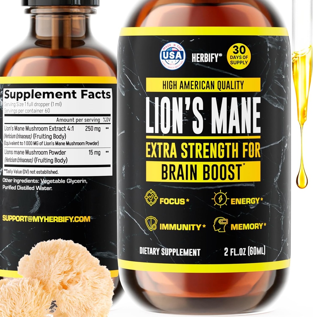 HERBIFY Lions Mane Supplément - Supplément quotidien de champignons pour la mémoire, le focus et la clarté - Brain Booster - Lions Mane Teinture pour le soutien immunitaire - 2 Fl oz