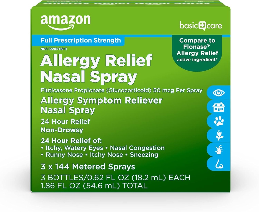 Soins de base Spray anti-allergie 24 heures sur 24, Propionate de fluticasone (Glucocorticoïde) 50 mcg, Force maximale d'ordonnance, non somnolence, 0,62 fl oz (paquet de 3)