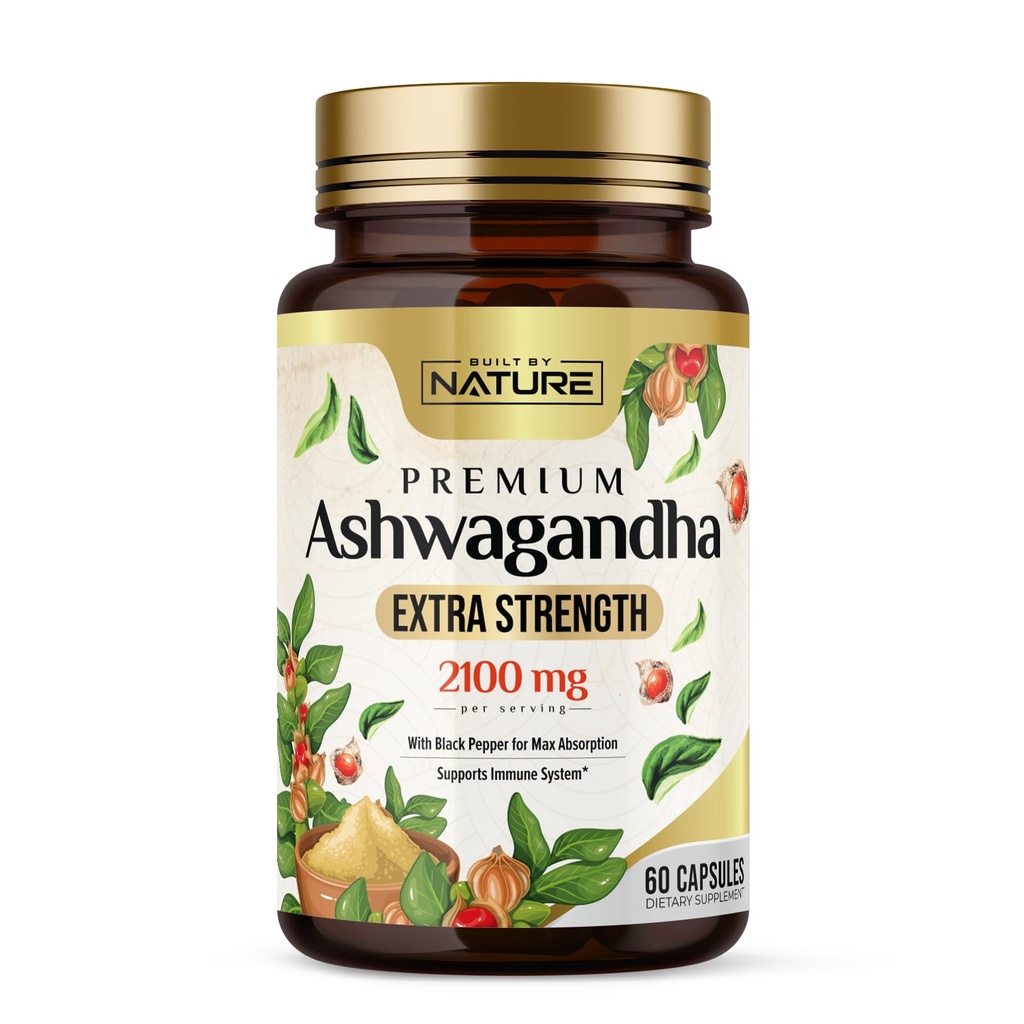 Construit par nature Ashwagandha 2100mg Extra Strength Stress Relief & Mood Support avec extrait de poivre noir pour absorption maximale - Non-OGM, végétalien, sans gluten - 60 capsules