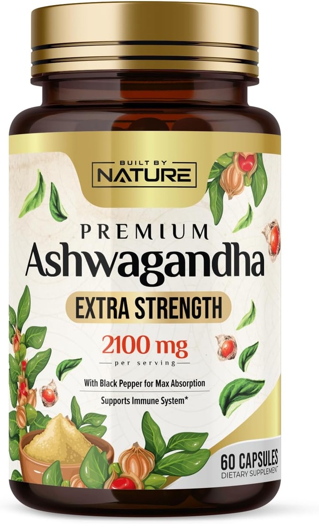 Construit par nature Ashwagandha 2100mg Extra Strength Stress Relief & Mood Support avec extrait de poivre noir pour absorption maximale - Non-OGM, végétalien, sans gluten - 60 capsules