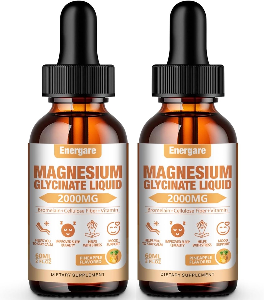 2 Pack 2000MG Supplément de gouttes liquides de glycine de magnésium pour les enfants et les adultes - fibre de cellulose, bromelain, vitamine B6, C, D, zinc - énergie, sommeil, clam, saveur d'ananas, 4 fl oz