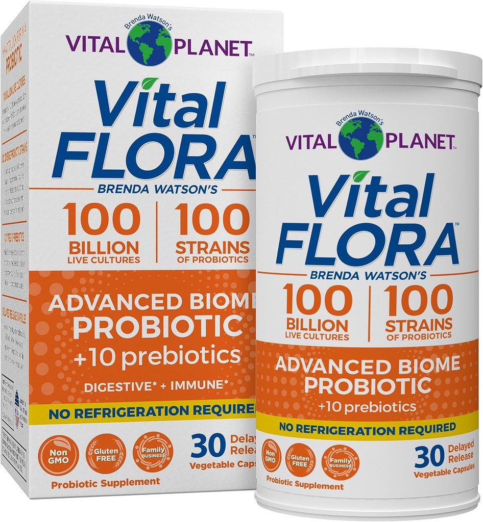 Vital Planet - Vital Flora Advanced Probiotic 100 Million CFU, 100 différentes souches, 10 prébiotiques organiques, soutien immunitaire, digestive du plateau de santé probiotiques stables pour les femmes et les hommes 30 capsules