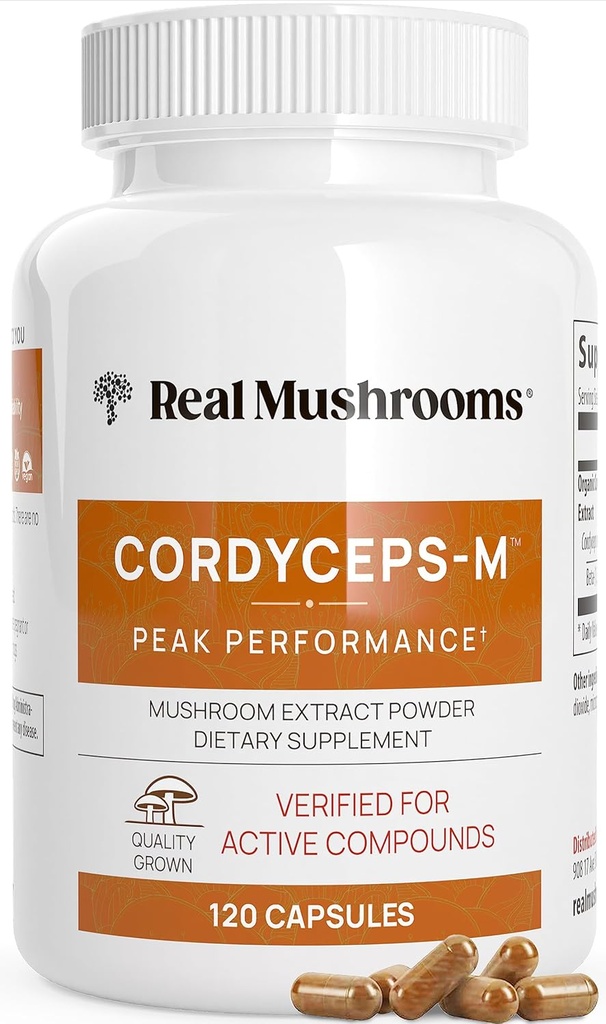 Capsules de supplément de champignons réels - Cordyceps Poudre de champignons riche en Glucans bêta - Pilules de champignons Cordyceps pour l'énergie et la performance - végétalien, non-OGM, pas de remplissage de grains, 120 ct