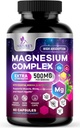 Supplément complexe de magnésium 500 mg - 5 en 1 haute absorption Glycinat de magnésium chélaté, malate, citrate, oxyde, aquamin - Capsules Magnésio non OGM, soutien musculaire et cardiaque, 60 Capsules