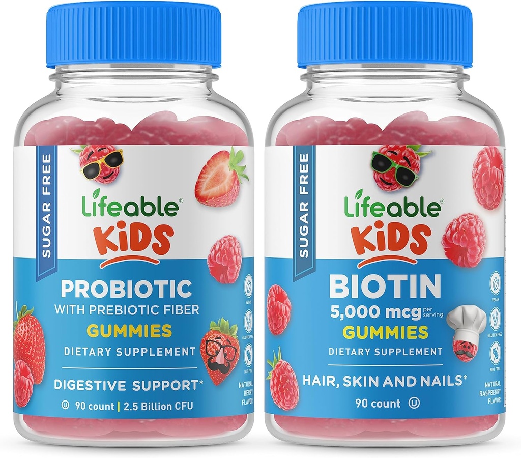 Probiotique Lifeable sans sucre + Fibre prébiotique Enfants + Biotine Enfants, Gummies Bundle - Grande dégustation, supplément de vitamine, sans gluten, sans OGM, gummy à croquer