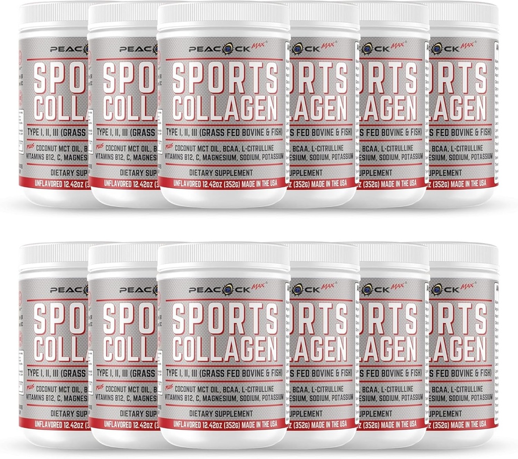 Sports Collagen Powder, 12.42 oz, Pack of 12 - Grass Fed Bovine & Wild Fish Hydrolyzed Type I, II, III Multi Collagen Peptides, Unflavored Protein Powder with Electrolytes