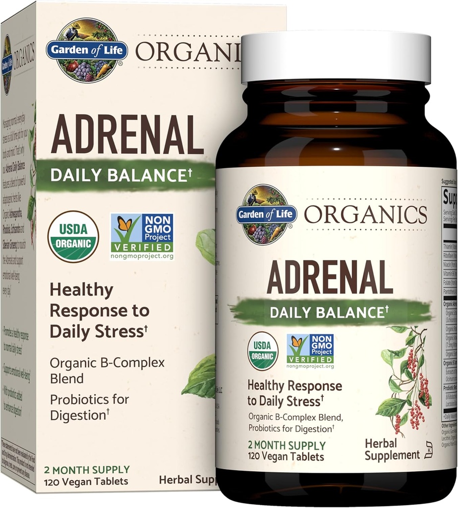 Garden of Life Organics Adrénal Daily Balance, Herbes Adaptogènes Ashwagandha, Saint Basilic, Complexe B et Probiotiques, Organic Non-OGM, Vegan, Supplément sans gluten, Approvisionnement de deux mois, 120 comprimés