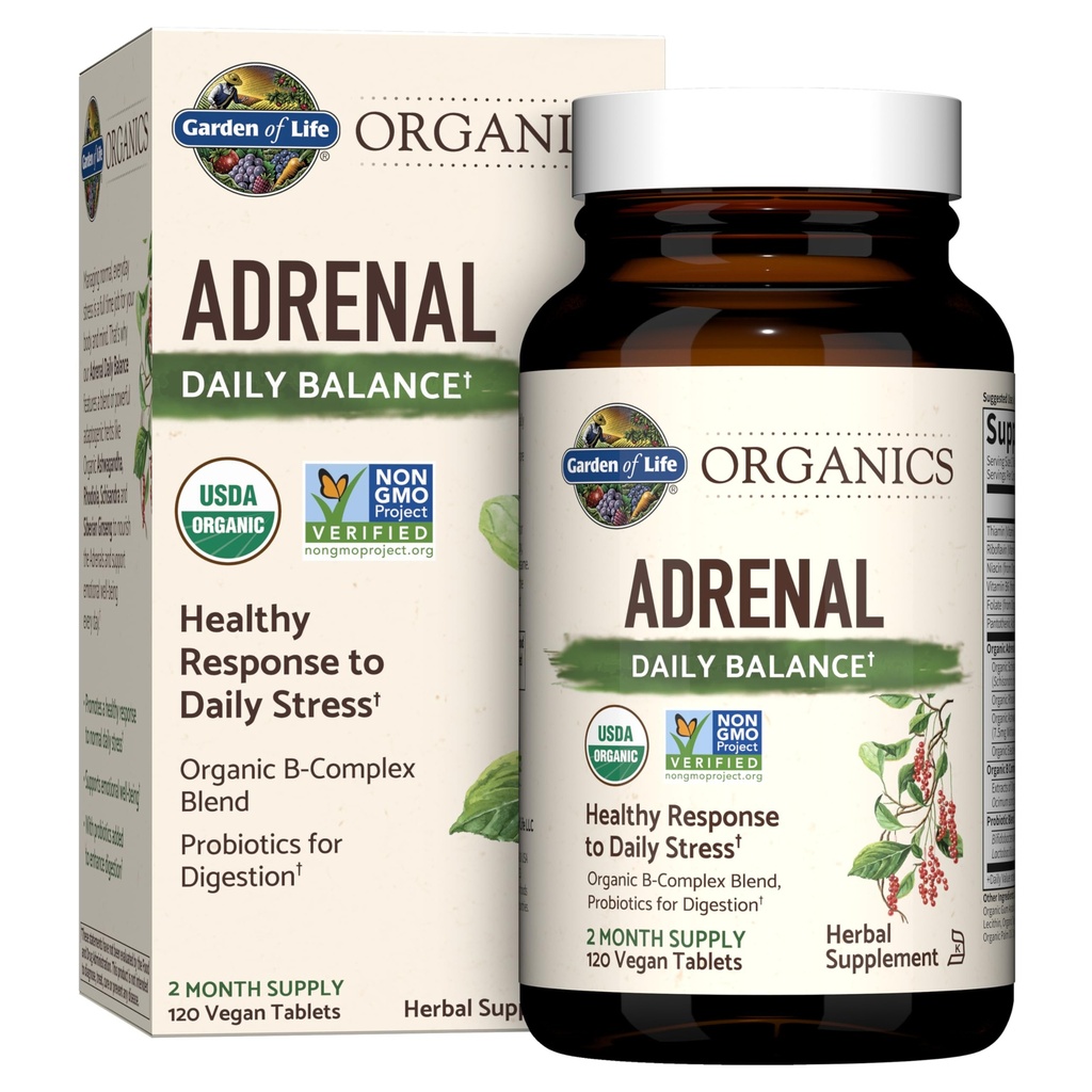 Garden of Life Organics Adrénal Daily Balance, Herbes Adaptogènes Ashwagandha, Saint Basilic, Complexe B et Probiotiques, Organic Non-OGM, Vegan, Supplément sans gluten, Approvisionnement de deux mois, 120 comprimés