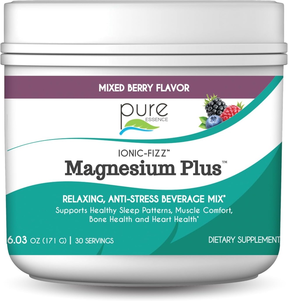 Pure Essence Labs Ionic Fizz Magnésium Plus, Supplément anti-stress boisson poudre, sans gluten et poudre de magnésium non-OGM (Berry Mixed, 6.03 Ounce (paquet de 1))