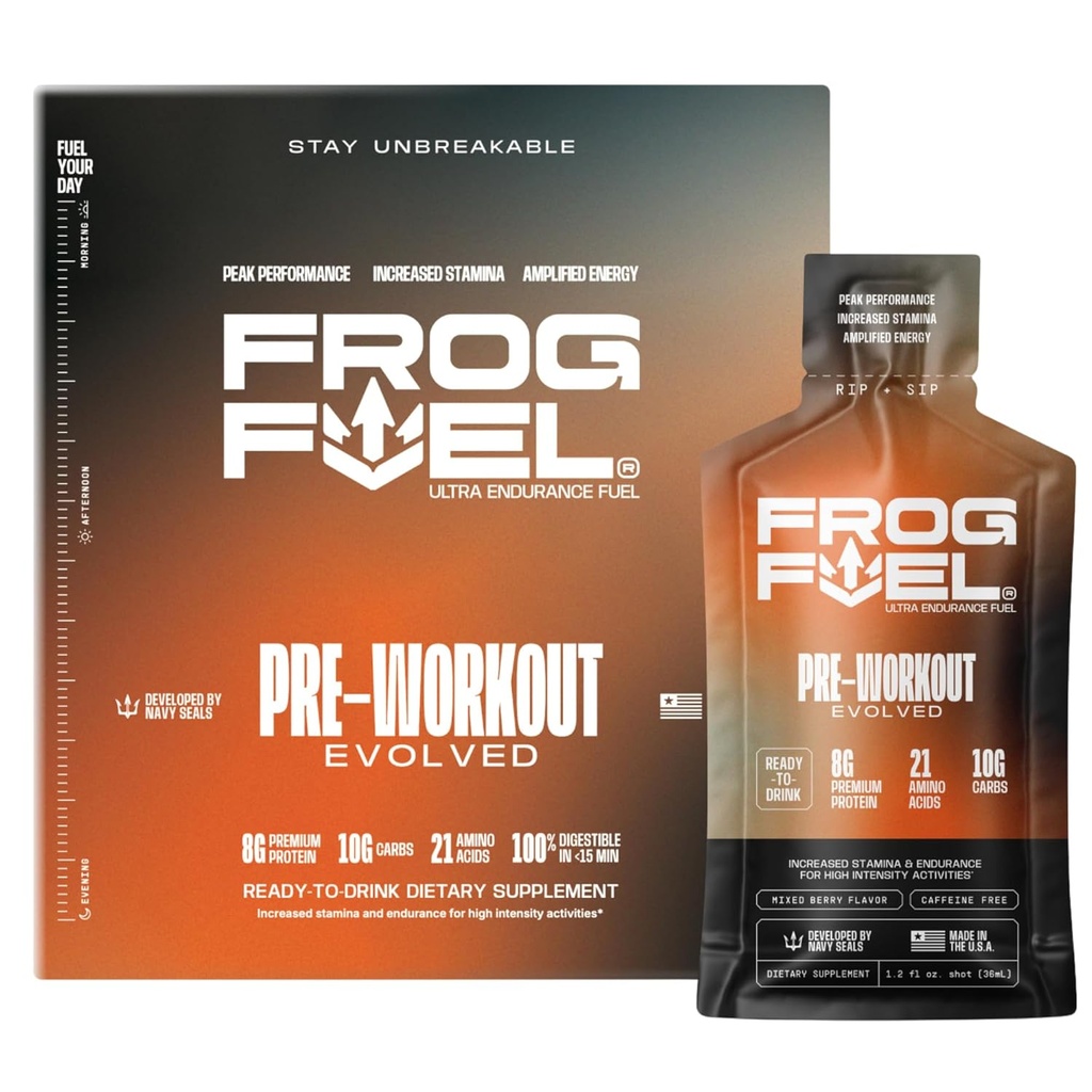 Frog carburant Ultra énergie Gel et pré-entraînement shot avec 1500mg Beta Alanine, Electrolytes 8g protéines Nano-Hydrolyzed Grass Collagen, 10g de glucides, sans gluten, sans gras, Berry, 1.2 oz packets, 24 Pack