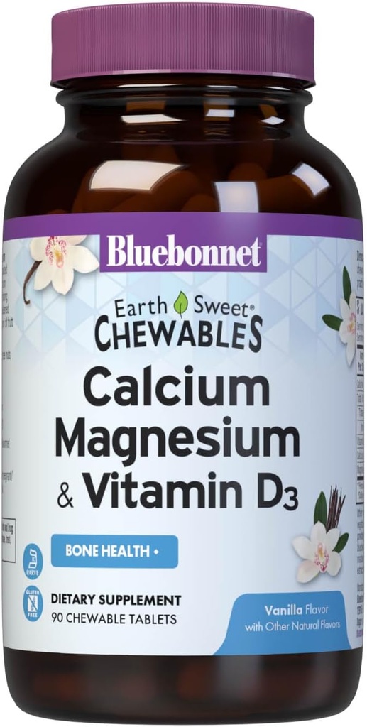 Bluebonnet Nutrition Calcium Magnesium Plus Vitamin D3 Earthsweet, Bone Health & Muscle Relaxation, Soy-Free, Gluten-Free, Kosher Certified, Dairy-Free, 90 Vanilla Flavored Chewable Tablets