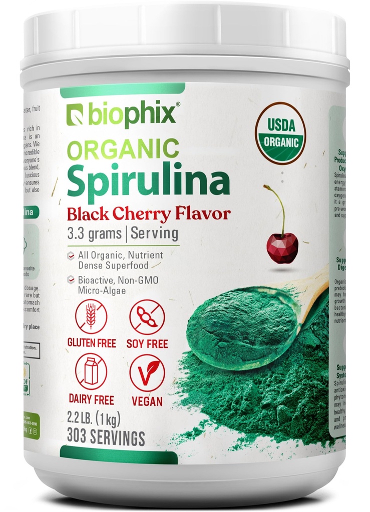 biophix Poudre de Spiruline biologique 2,2 lb Flavor de cerise noire - Protein-Rich Nutrient-Dense Superfood - puissant antioxydant - soutient la santé immunitaire