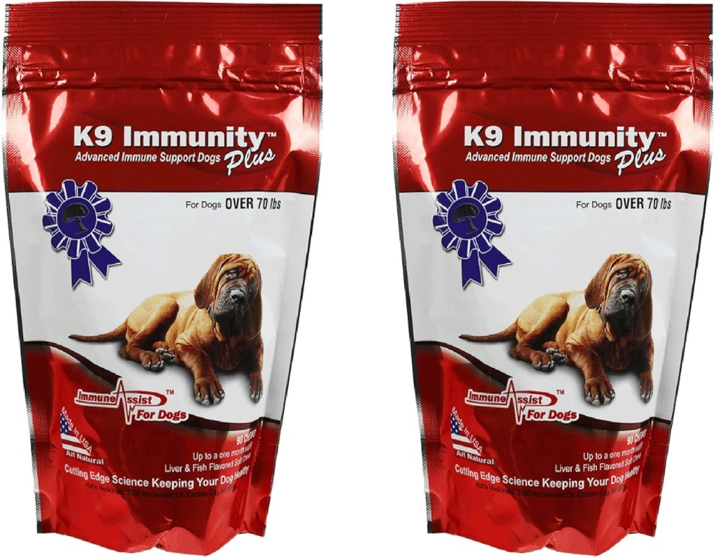 Aloha Médicament K9 Immunity Plus, supplément de soutien immunitaire pour les chiens de plus de 70 lbs, produits biologiques et champignons améliorés pour la santé des chiens, paquet de 2, 90 Chews