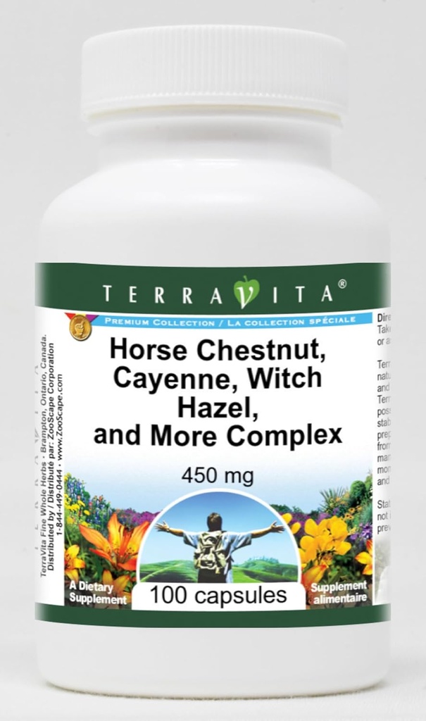 Terravita Horse Chestnut, Cayenne, sorcière Hazel et plus complexe - 450 mg (100 capsules, ZIN: 517073)