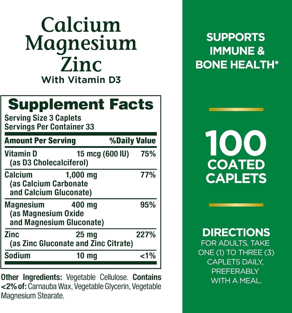 Nature's Bounty Calcium Magnésium & Zinc Caplets, Immune & Support Bone Health, 100 Compte (Pack de 2)