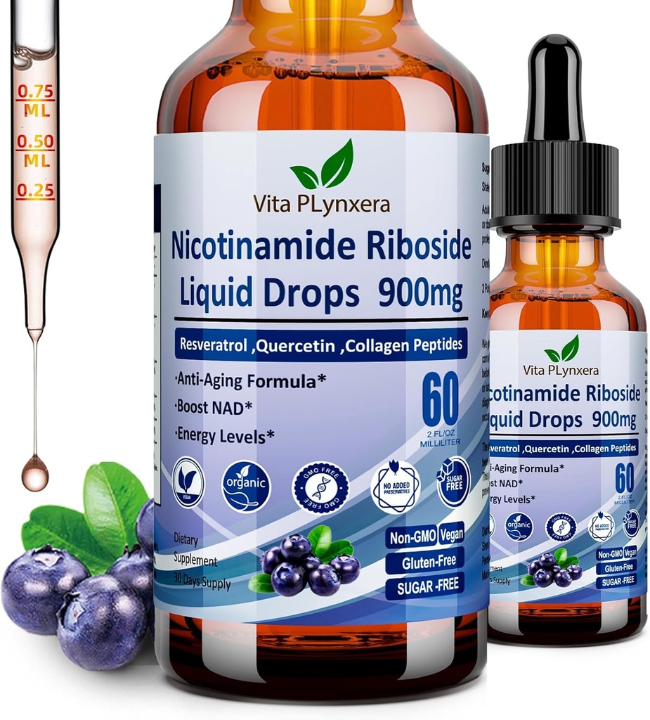 NAD Supplements for Women & Men, NAD Nicotinamide Riboside Resveratrol 900mg & Quercetin, Niacin, Collagen, Biotin, Liquid NAD Plus Supplement NR900 For Anti-Aging Skin Energy Longevity Focus Brain