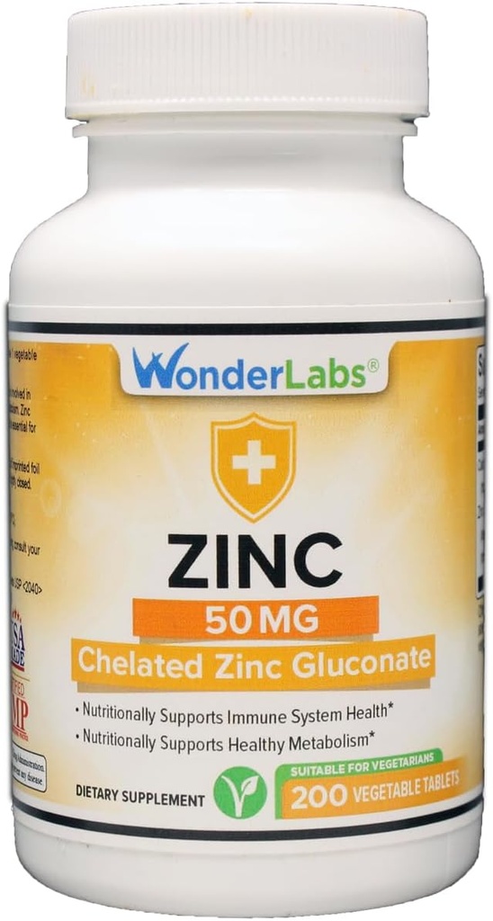 Wonder Laboratories Gluconate de zinc chélaté 50 mg - soutient la peau saine, le système immunitaire, la croissance cellulaire et plus - 200 comprimés végétariens