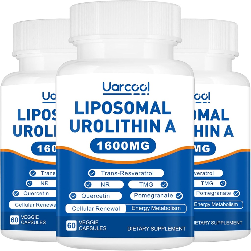 Urolithine A Supplement 1600mg Promouvoir la force musculaire et la production d'énergie, TMG pour les niveaux d'homocystéine sains et Nicotinamide riboside NAD+ Boost pour la longévité - 60 Softgels (3 bouteilles)