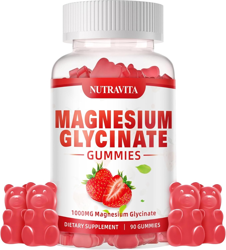 Magnésium Glycinat Gummies 1000mg avec Magnésium L-Thréonate, Supplément complexe de potassium de magnésium chélaté avec VitD, B6, CoQ10, Calcium, Supports pour la mémoire, Calme, Mood - 90 Gummies Fraise