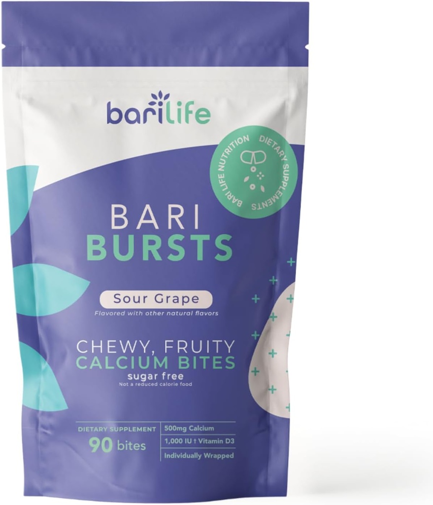 Calcium Citrate Bariatrique Calcium Chews avec 1000 UI Vitamine D3 - Idéal pour les patients bariatriques - BariBurst by Bari Life (Sour Raisin)