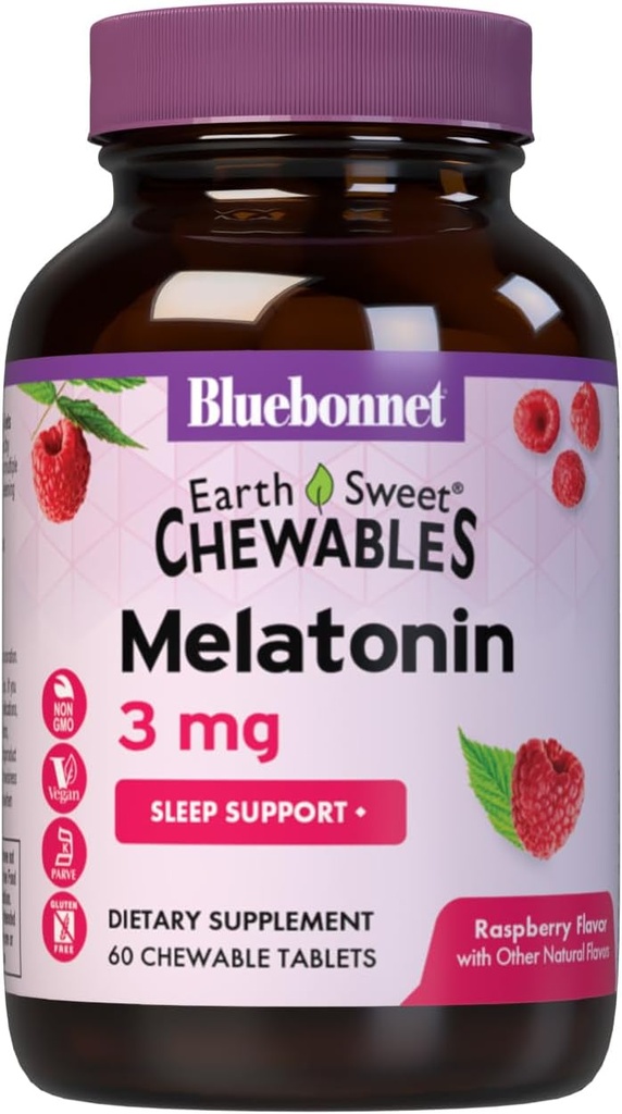 Bluebonnet Nutrition EarthSweet Melatonin 3 mg à action rapide Dissolve la nuit Relaxation et repos de sommeil - Aide au sommeil - Sans gluten, végétalien - Arôme framboise - 60 comprimés à croquer